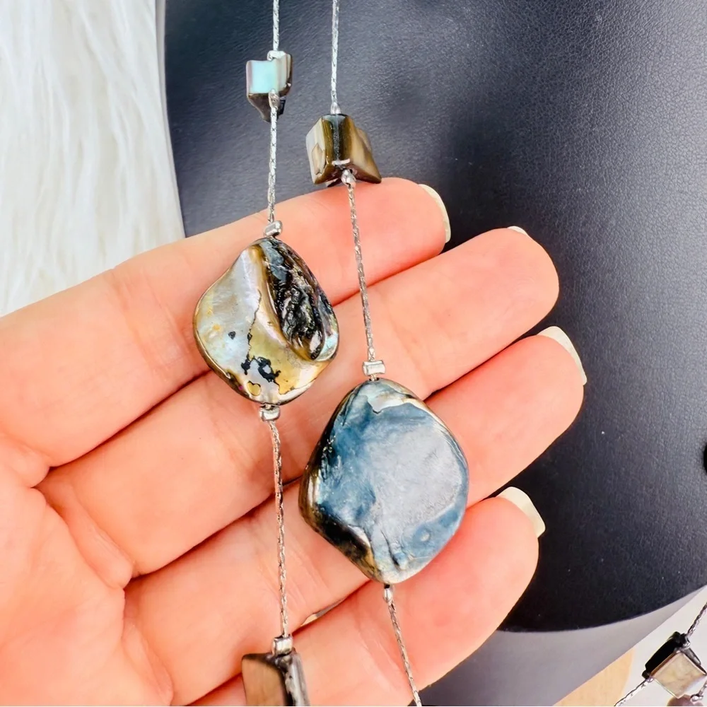 Bohemian island chic, shell faux pearl Silvertone long layering necklace